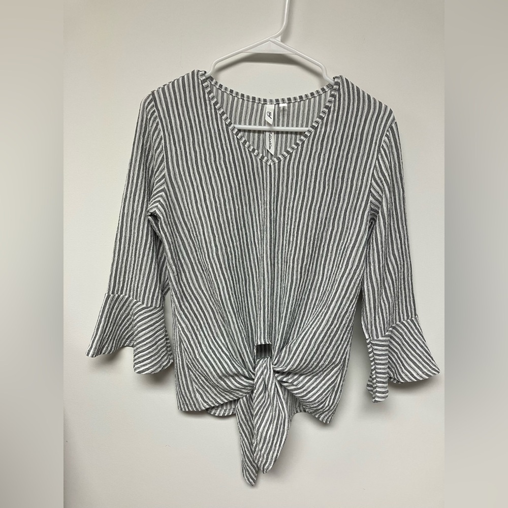 NY Collection Black and White Striped Tie-Front Blouse, S.
